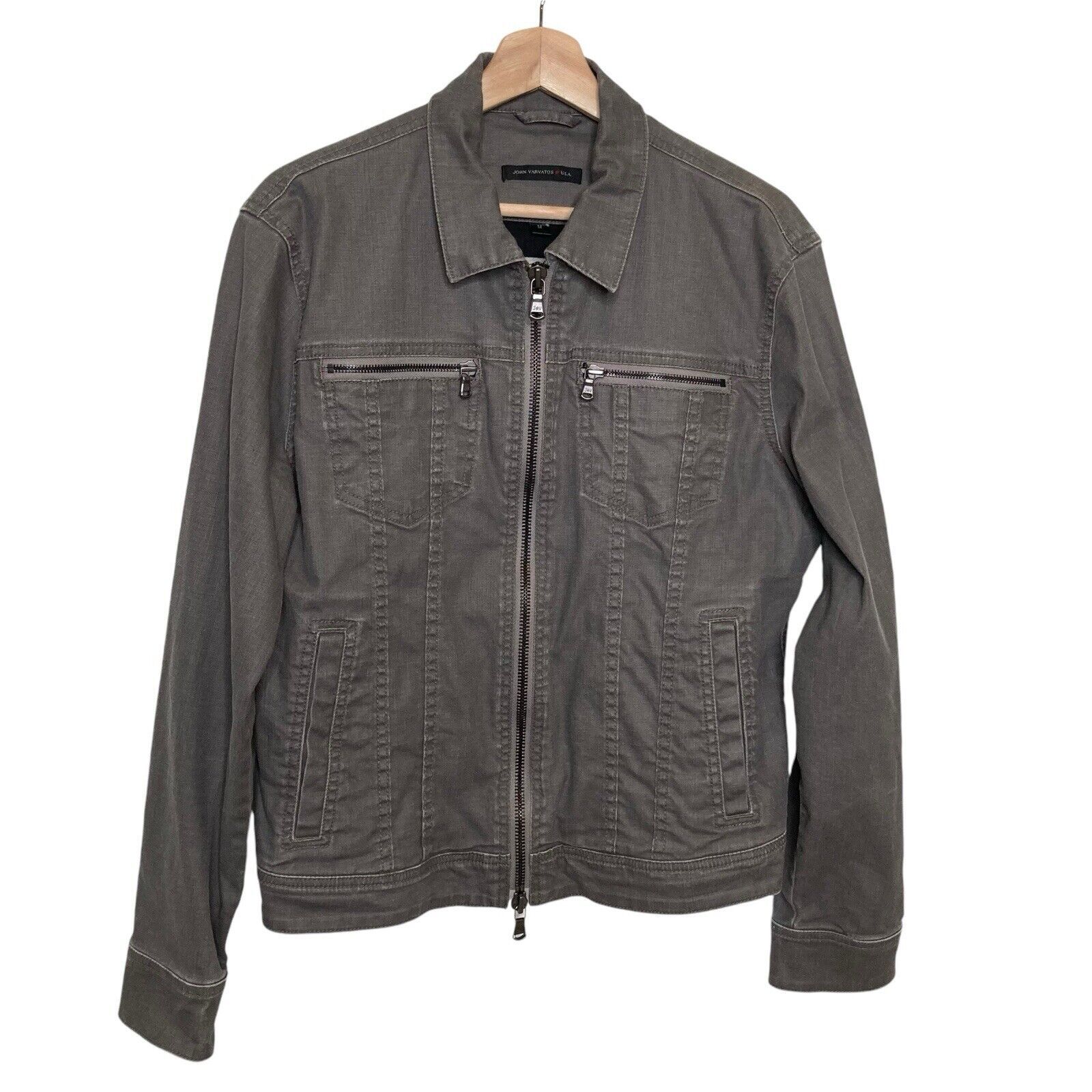 John Varvatos Jacket Medium Gray Pockets Full Zip Stretch Bomber Collar Zip Cuff